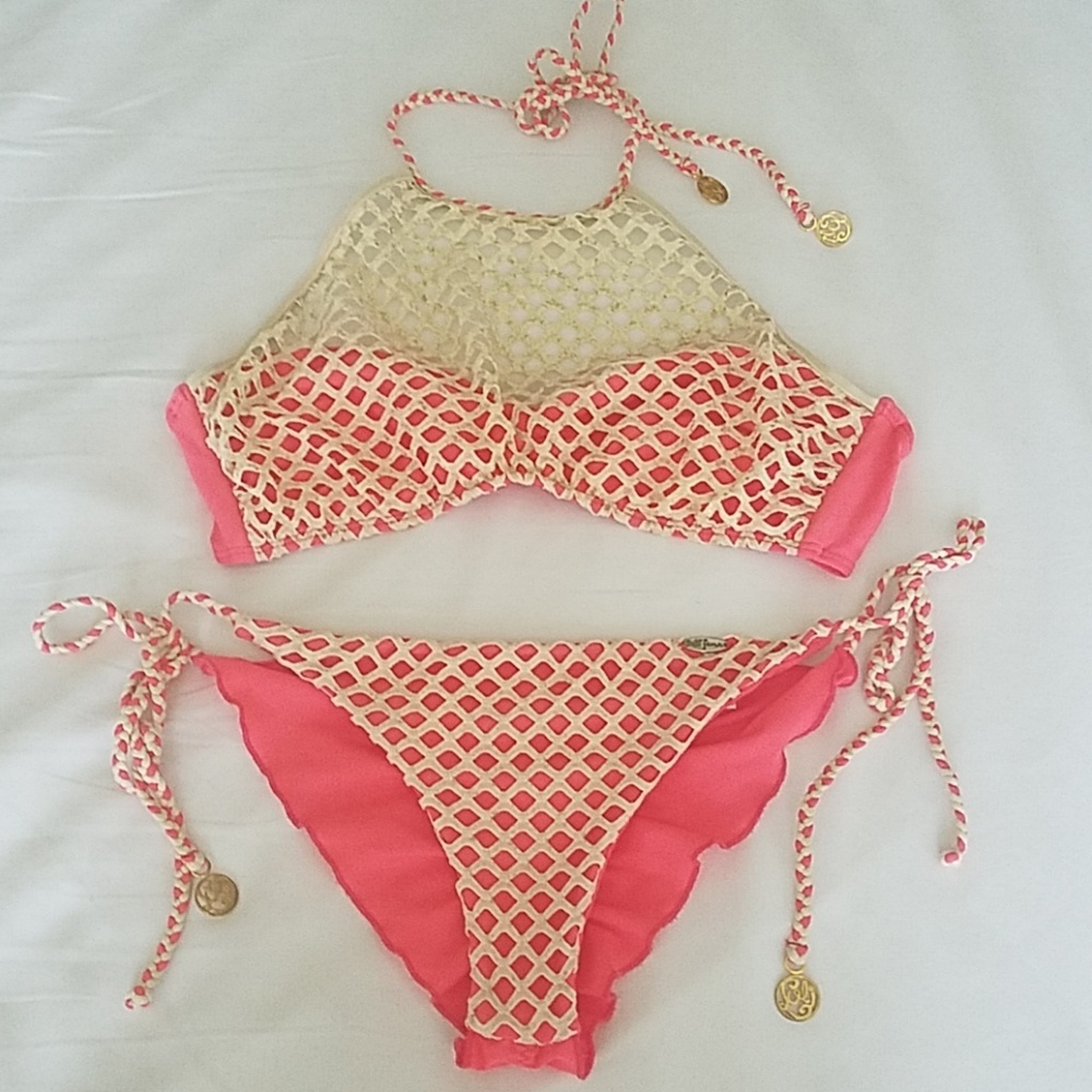 Luli Fama Coral and Gold Crochet Bikini